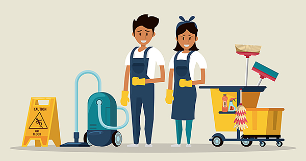Cleaner Smiling And Working With Cleaning Products Vector Illustration